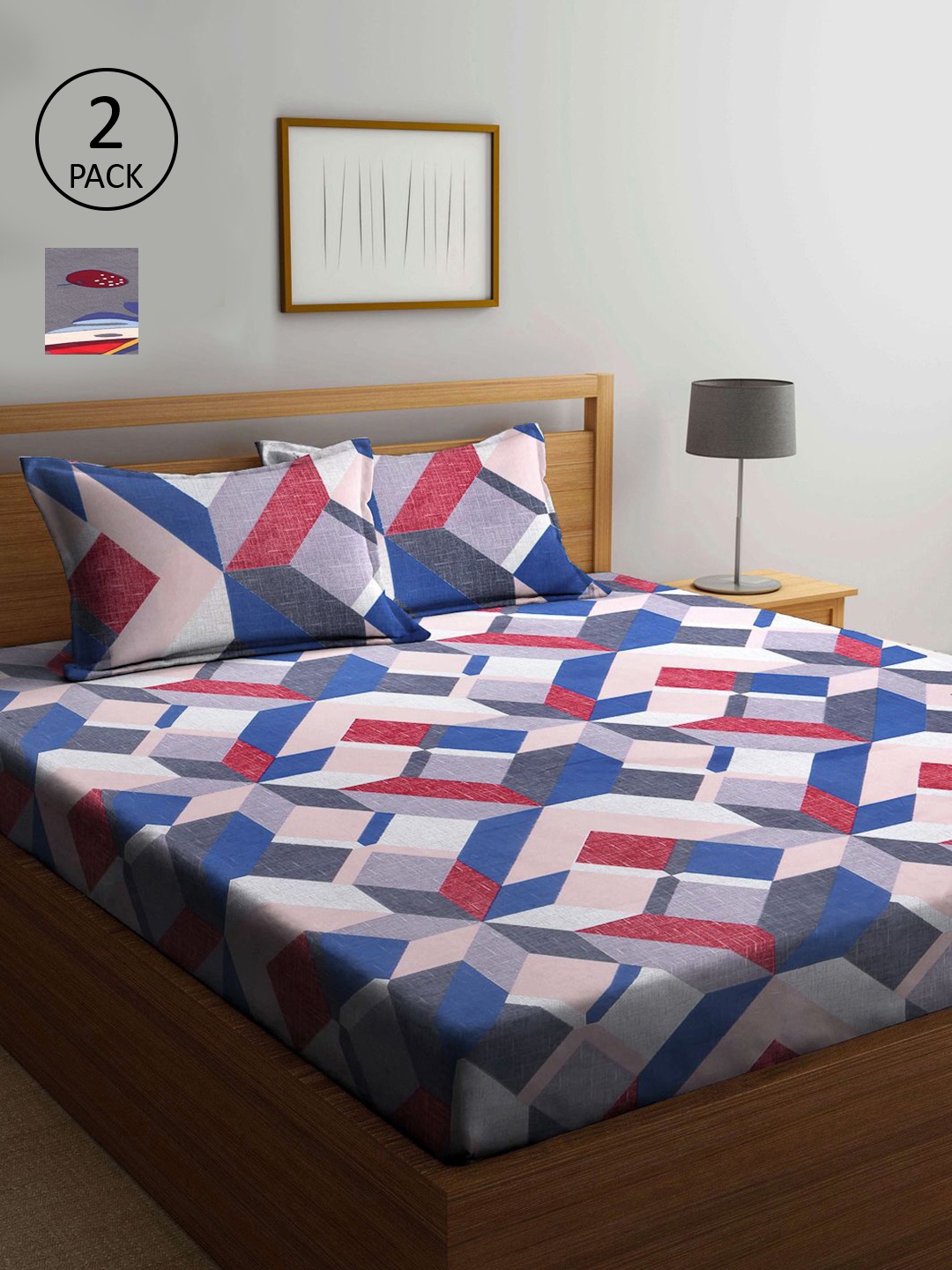 

KLOTTHE Grey & Blue Geometric 210 TC 2 King Bedsheet with 4 Pillow Covers