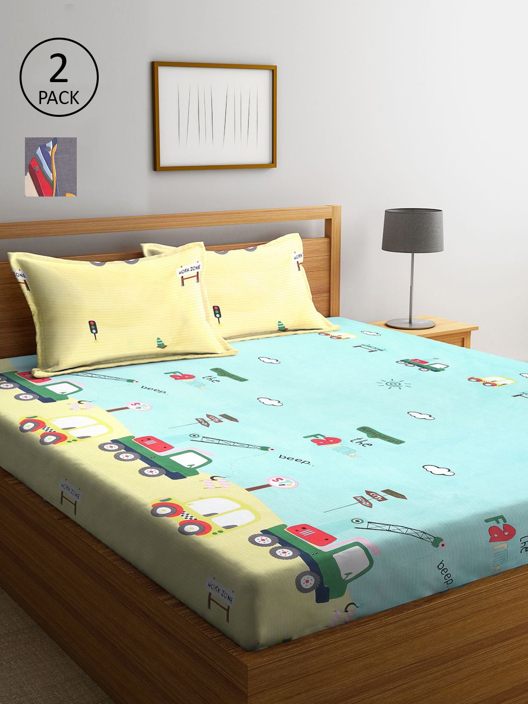 

KLOTTHE Blue & Yellow Cartoon Characters 210 TC 2 King Bedsheet with 4 Pillow Covers