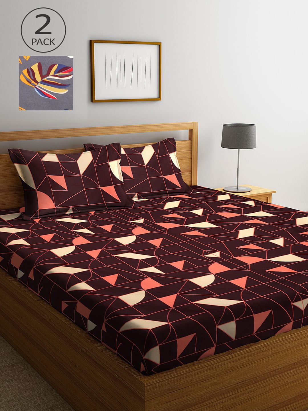 

KLOTTHE Grey & Brown Geometric 210 TC 2 King Bedsheet with 4 Pillow Covers