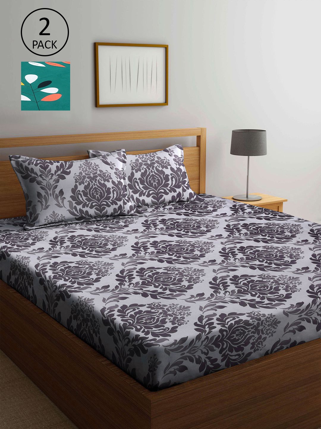 

KLOTTHE Grey & Green Floral 210 TC 2 King Bedsheet with 4 Pillow Covers