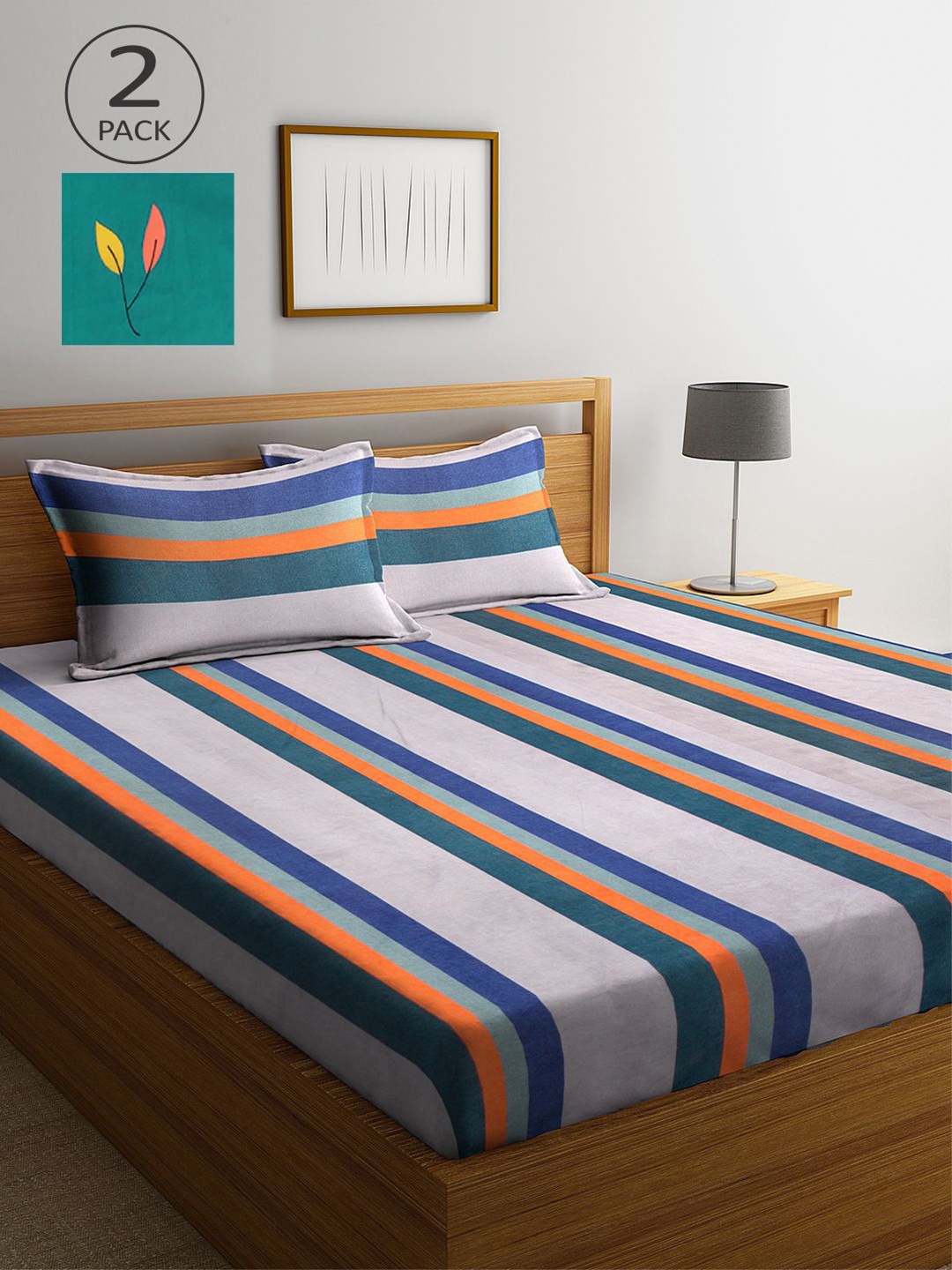 

KLOTTHE Green & Peach-Coloured Striped 210 TC 2 King Bedsheet with 4 Pillow Covers