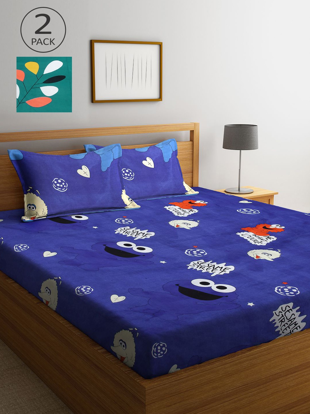 

KLOTTHE Blue & Green Cartoon Characters 210 TC 2 King Bedsheet with 4 Pillow Covers