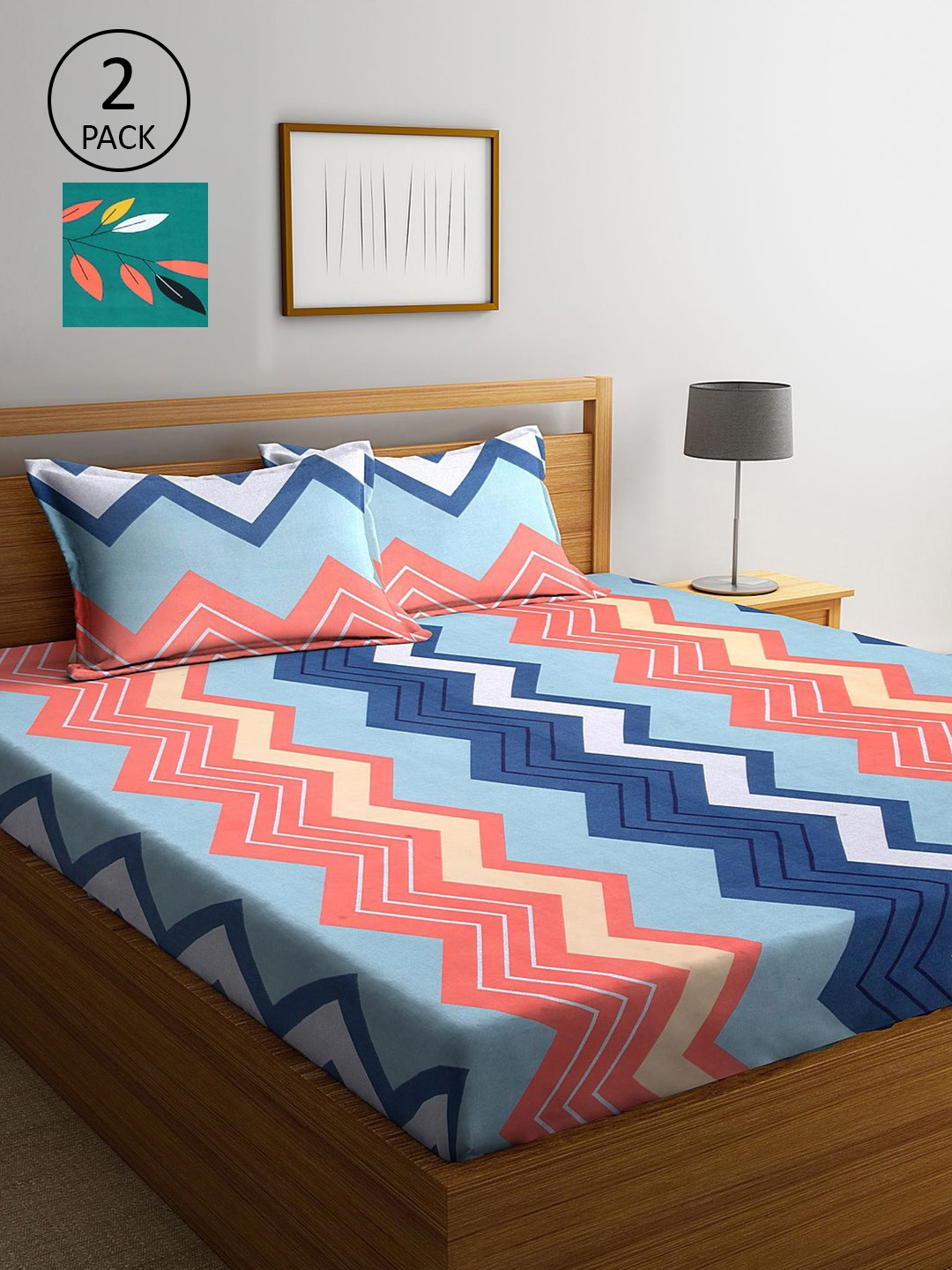 

KLOTTHE Blue & Pink Geometric 210 TC 2 King Bedsheet with 4 Pillow Covers