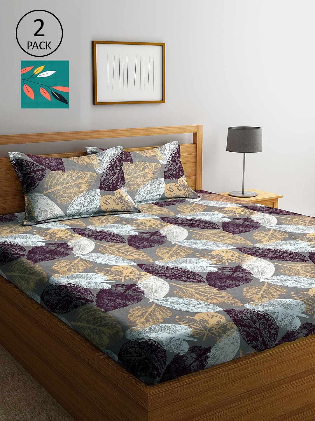 

KLOTTHE Grey & Green Floral 210 TC 2 King Bedsheet with 4 Pillow Covers