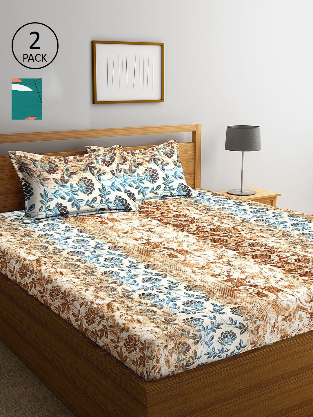 

KLOTTHE Beige & Green Floral 210 TC 2 King Bedsheet with 4 Pillow Covers