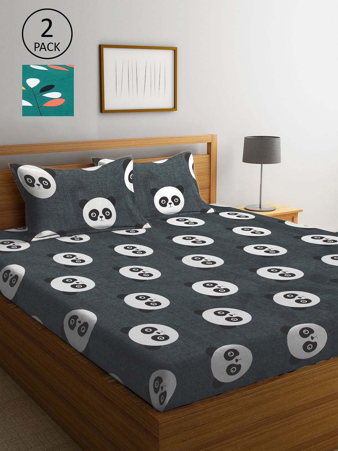 

KLOTTHE Grey & Green Cartoon Characters 210 TC 2 King Bedsheet with 4 Pillow Covers