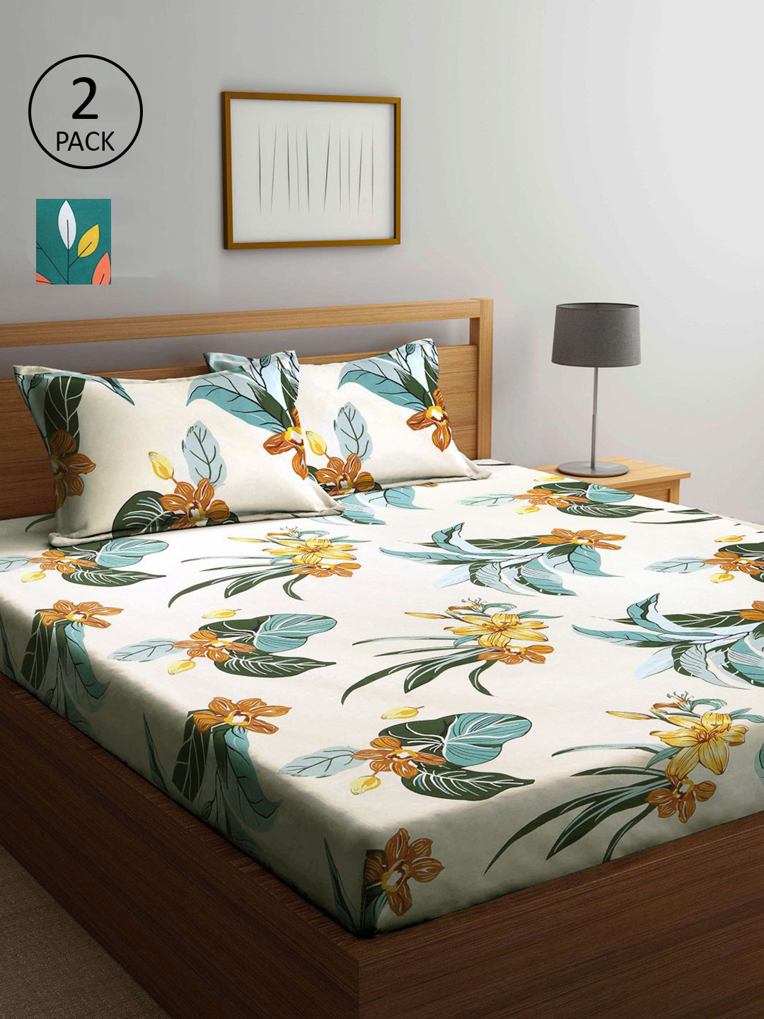 

KLOTTHE Off White & Green Floral 210 TC 2 King Bedsheet with 4 Pillow Covers