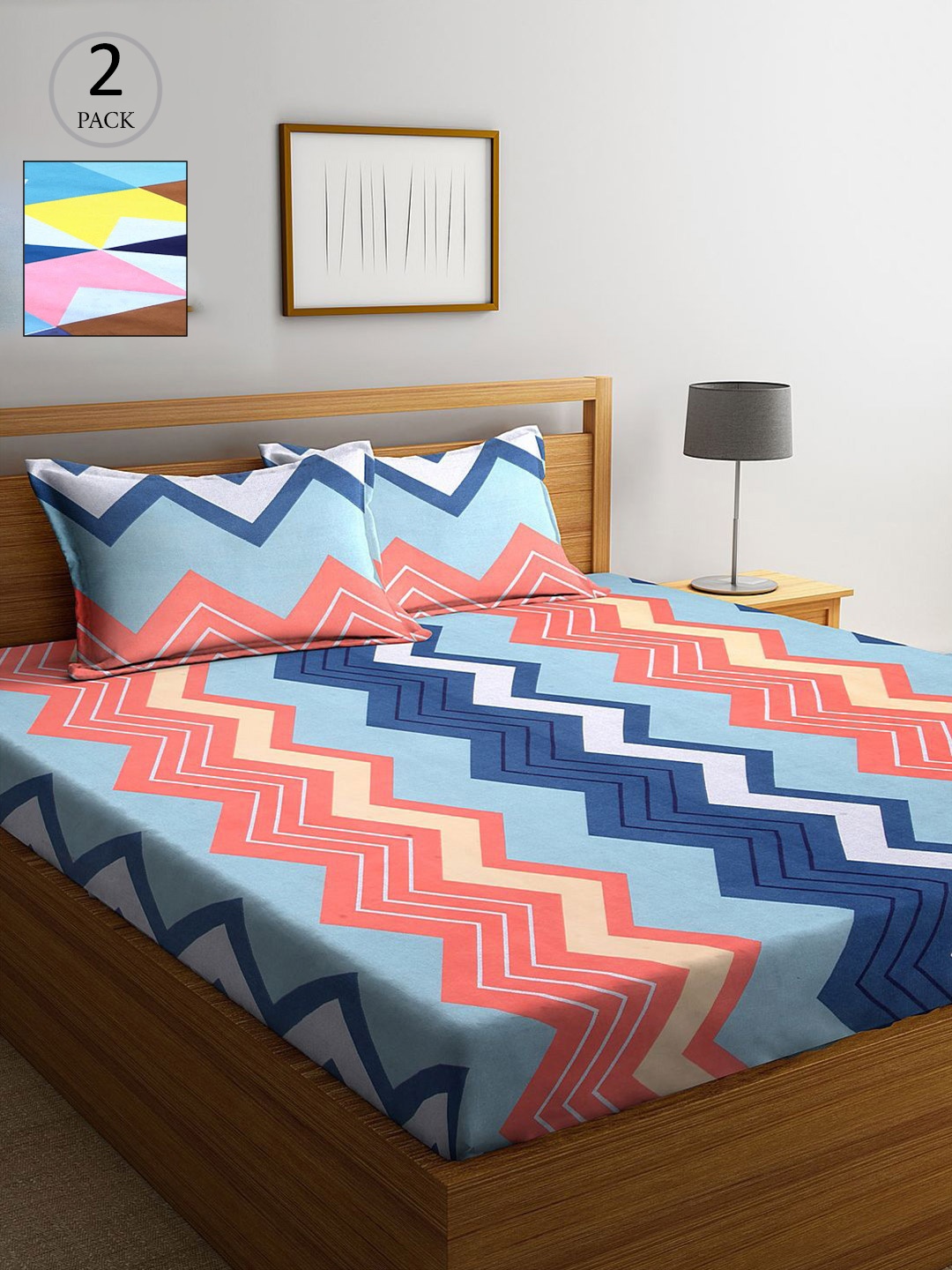 

KLOTTHE Blue & Pink Geometric 210 TC 2 King Bedsheet with 4 Pillow Covers