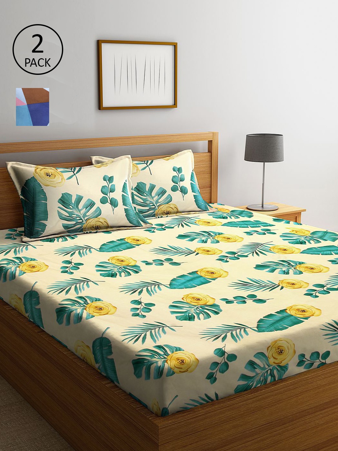 

KLOTTHE Yellow & Blue Floral 210 TC 2 King Bedsheet with 4 Pillow Covers