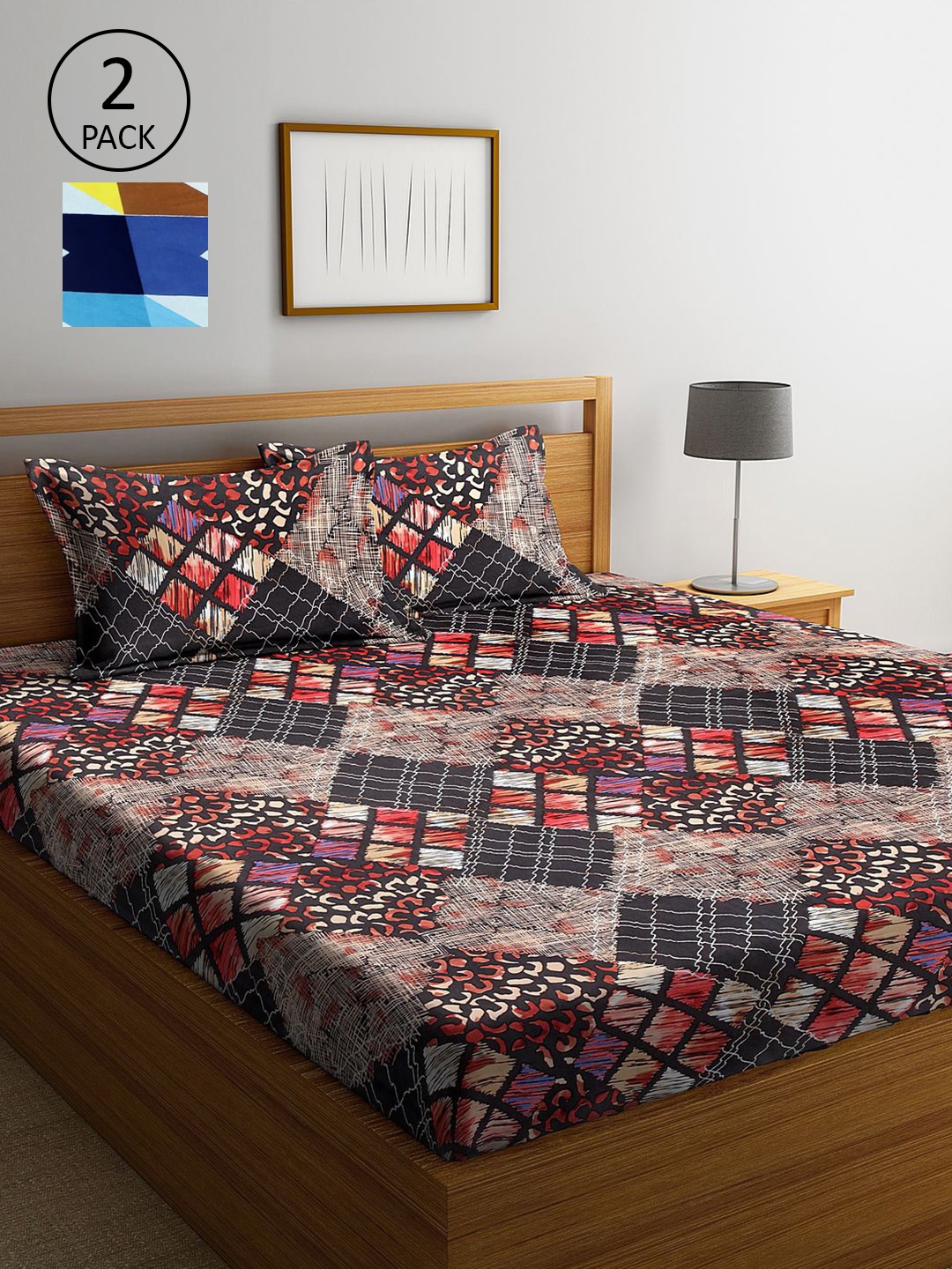 

KLOTTHE Brown & Blue Geometric 210 TC 2 King Bedsheet with 4 Pillow Covers