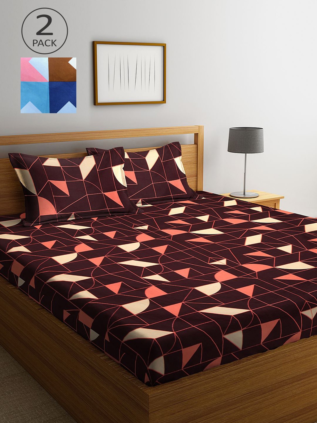 

KLOTTHE Brown & Pink Geometric 210 TC 2 King Bedsheet with 4 Pillow Covers