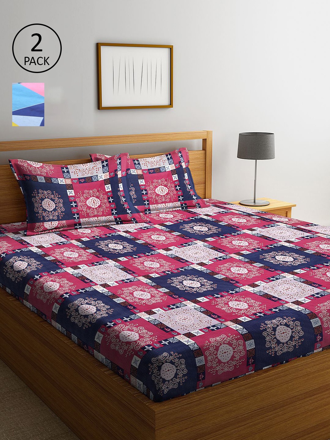

KLOTTHE Pink & Navy Blue Geometric 210 TC 2 King Bedsheet with 4 Pillow Covers