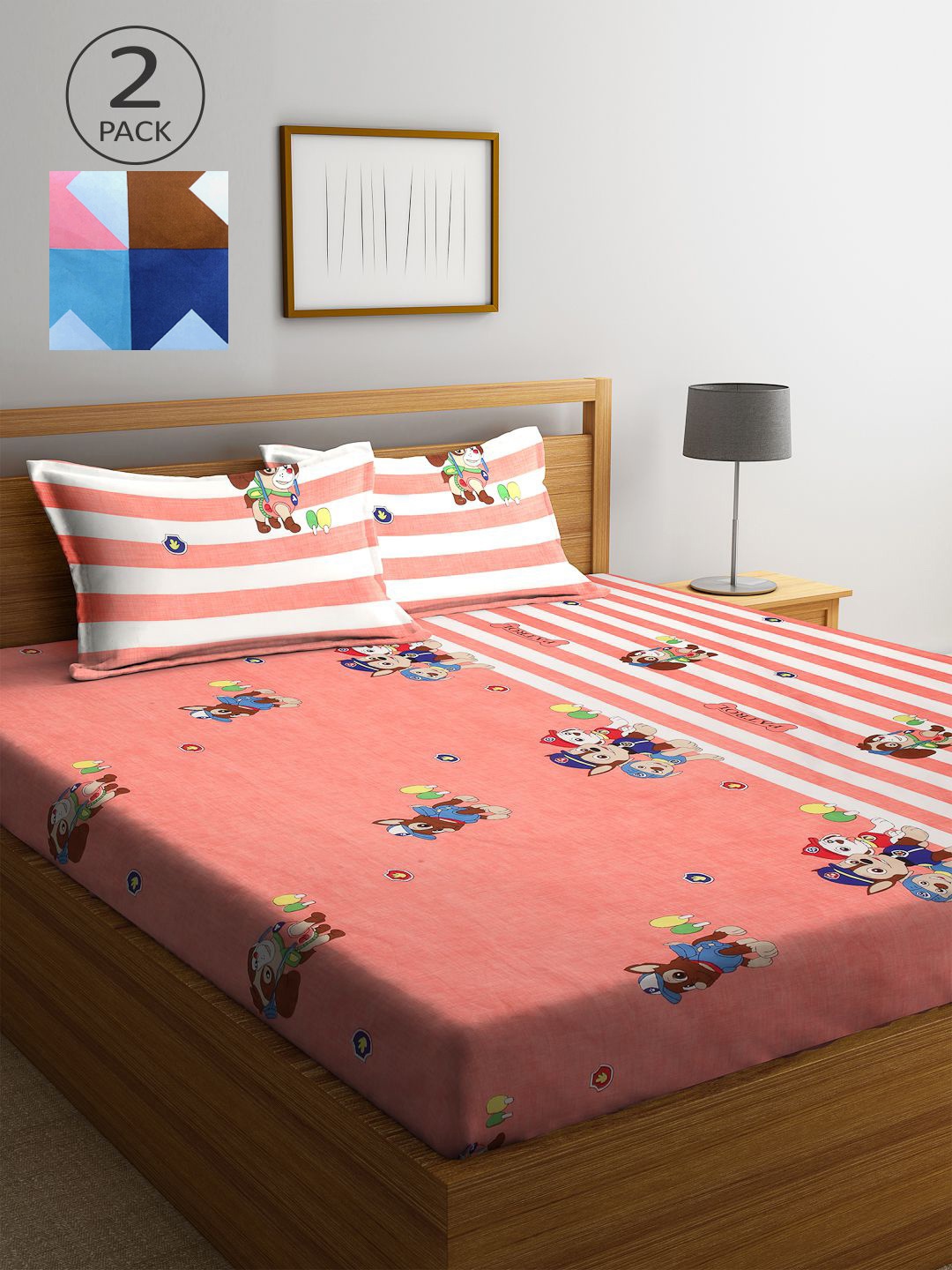 

KLOTTHE Multicoloured Cartoon Characters 210 TC 2 King Bedsheet with 4 Pillow Covers, Multi
