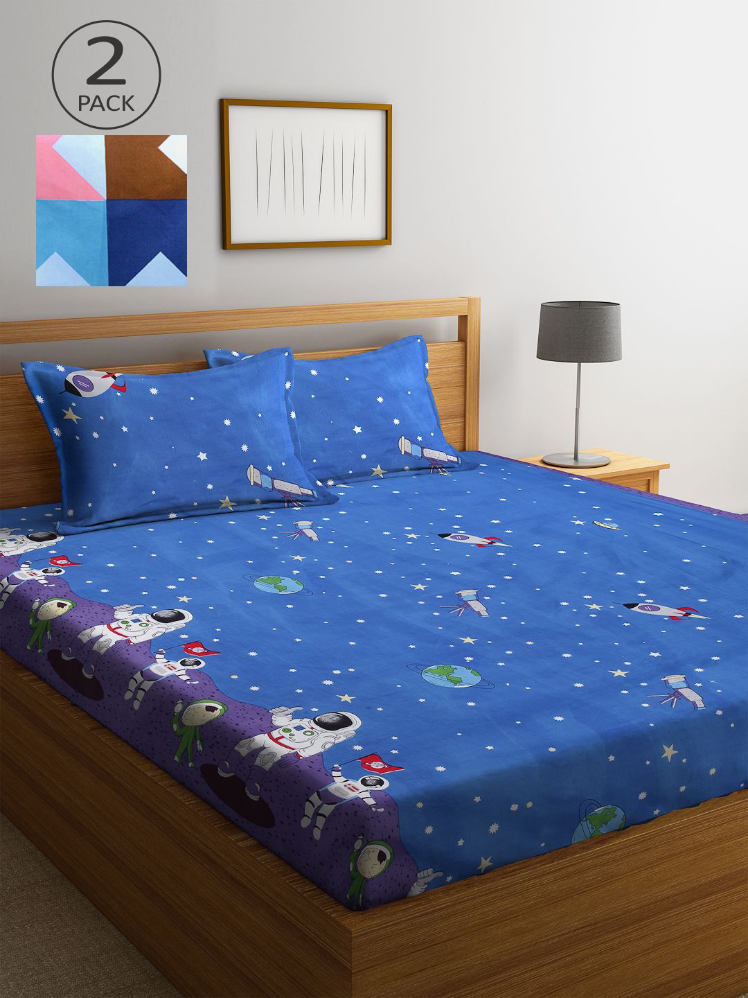 

KLOTTHE Blue & Pink Cartoon Characters 210 TC 2 King Bedsheet with 4 Pillow Covers