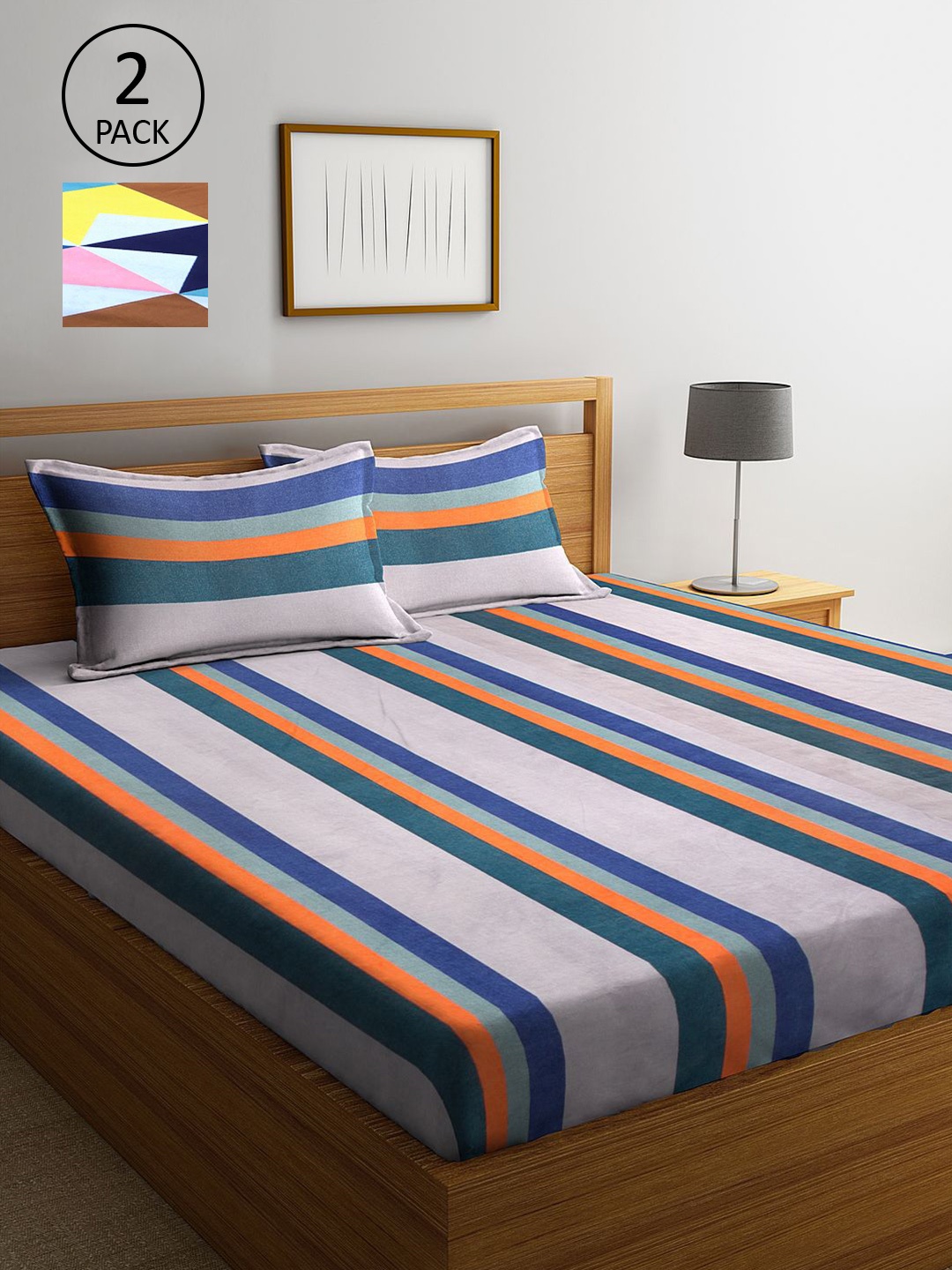 

KLOTTHE Off White & Blue Striped 210 TC 2 King Bedsheet with 4 Pillow Covers