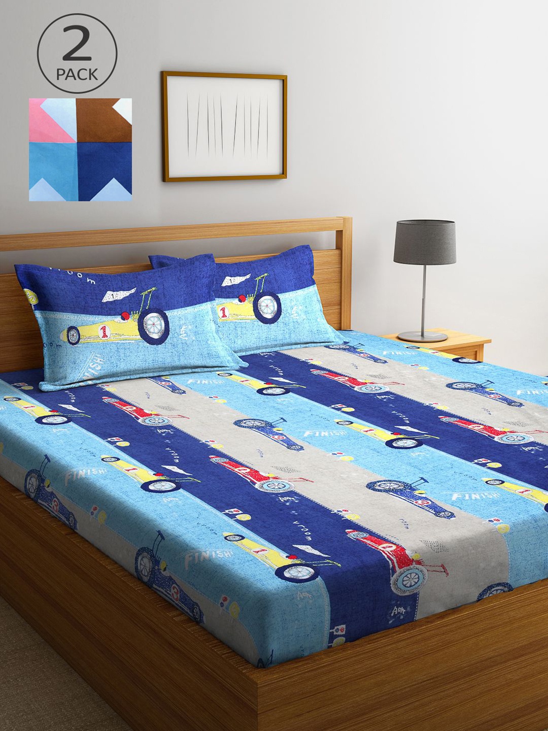 

KLOTTHE Blue & Yellow Cartoon Characters 210 TC 2 King Bedsheet with 4 Pillow Covers