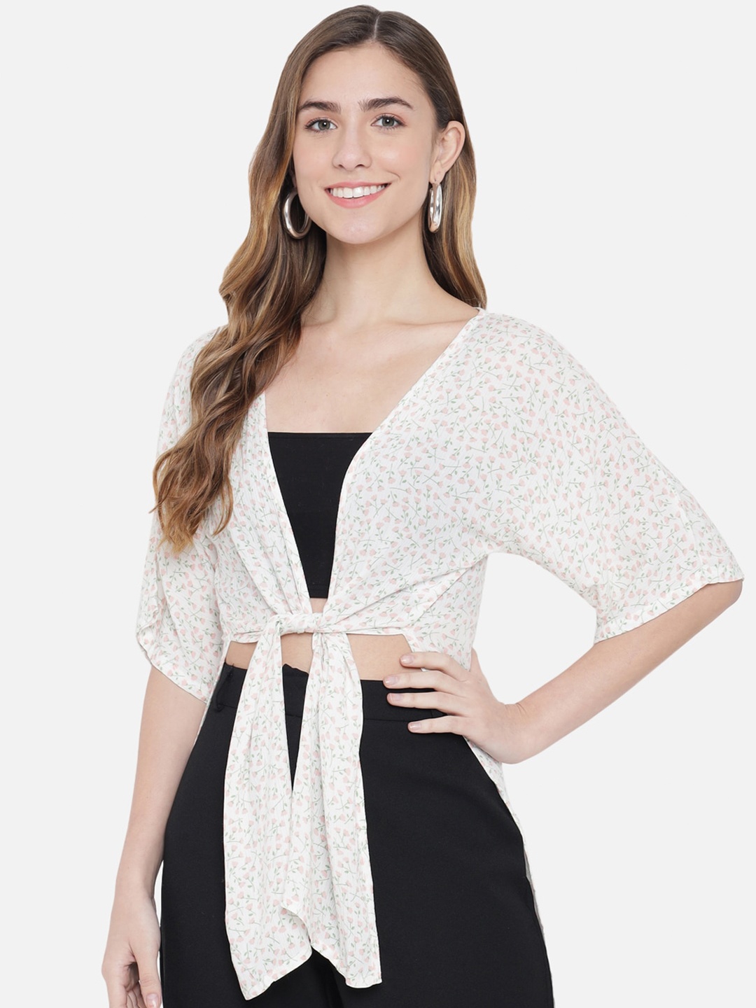 

Trend Arrest Women Off White & Pink Printed Tie Up Front Longline Shrug