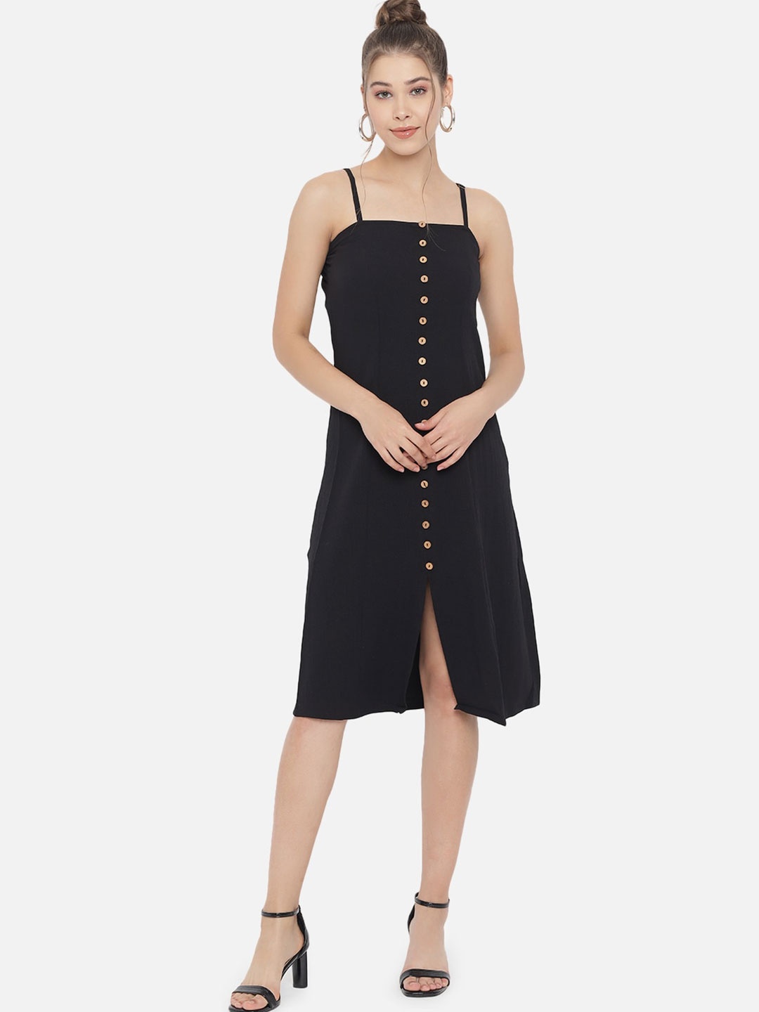 

Trend Arrest Women Black Solid Buttoned A-Line Dress