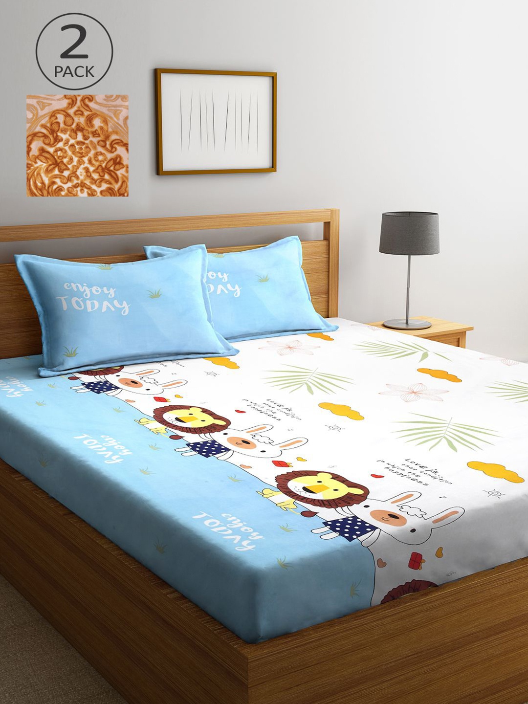 

KLOTTHE Blue & White Cartoon Characters 210 TC 2 King Bedsheet with 4 Pillow Covers