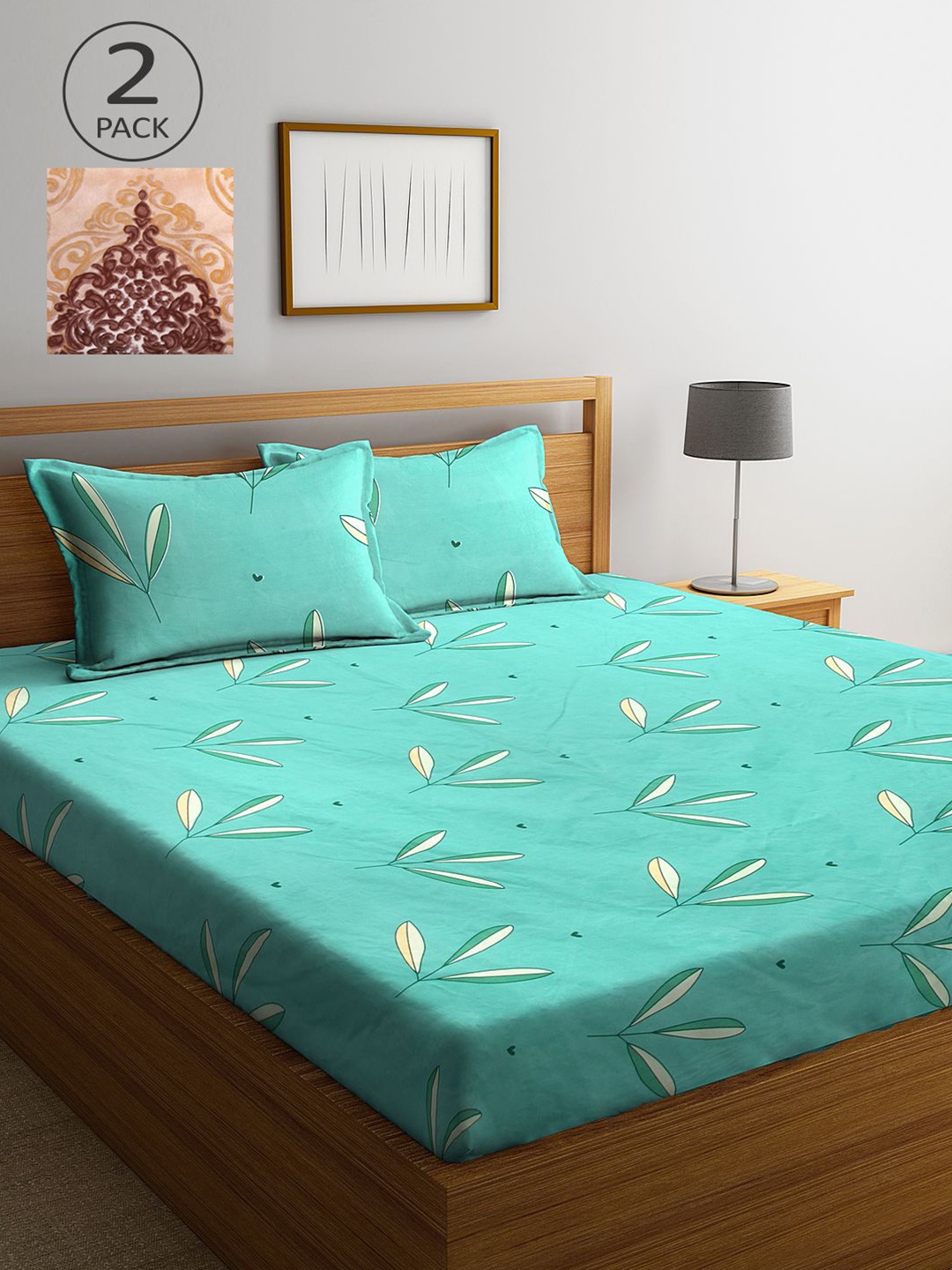 

KLOTTHE Sea Green & Beige Floral 210 TC 2 King Bedsheet with 4 Pillow Covers