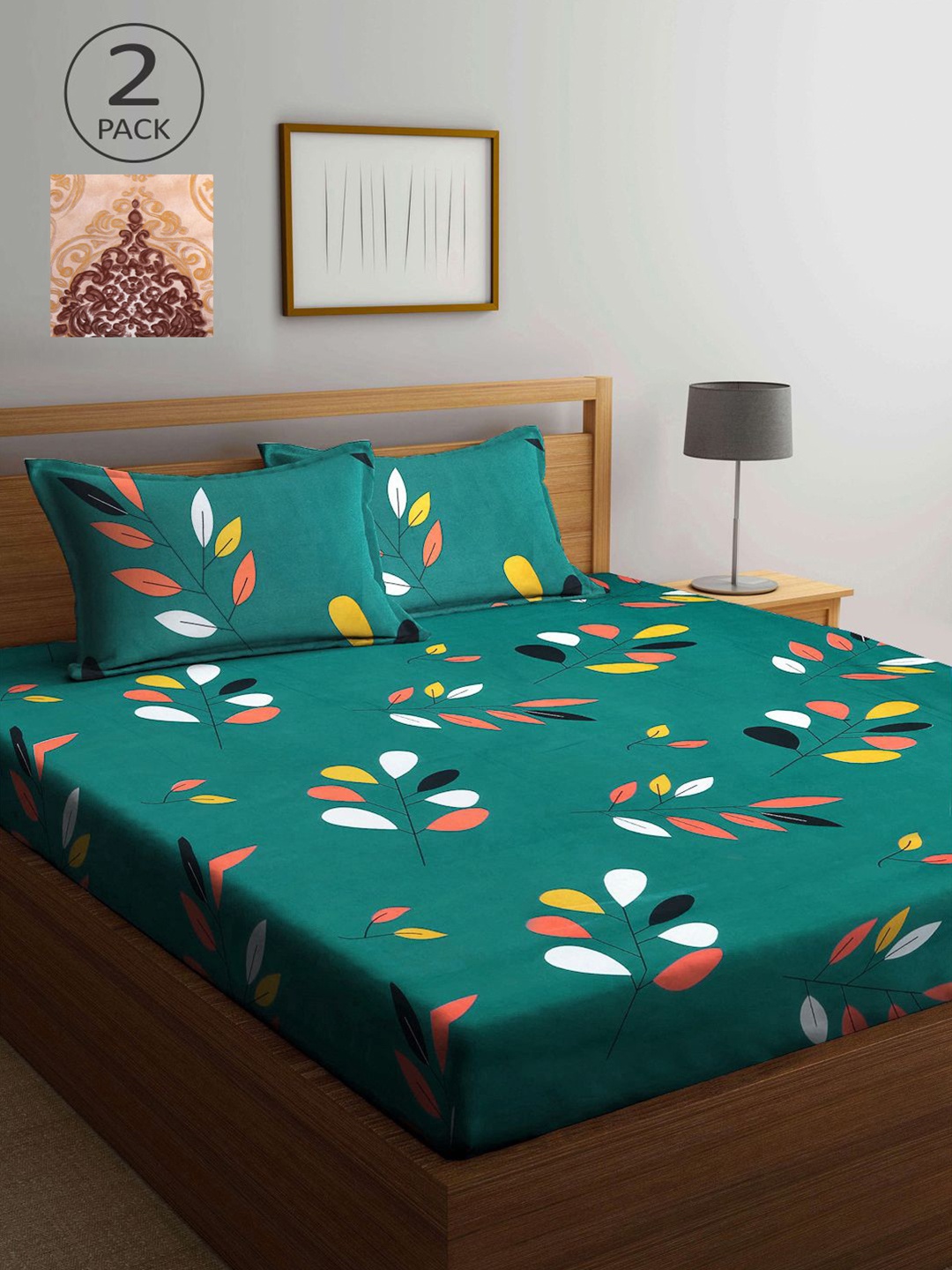 

KLOTTHE Green & Beige Floral 210 TC 2 King Bedsheet with 4 Pillow Covers
