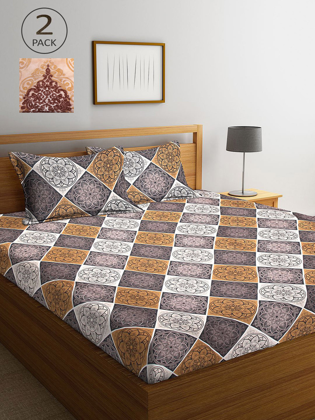 

KLOTTHE Brown & Beige Floral 210 TC 2 King Bedsheet with 4 Pillow Covers