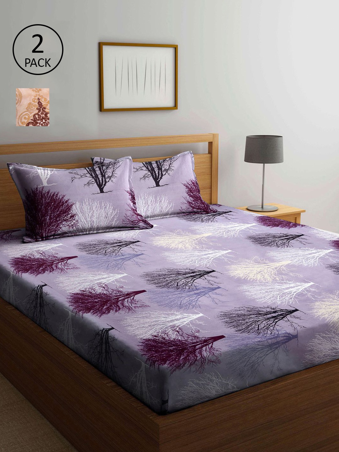 

KLOTTHE Lavender & Beige Floral 210 TC 2 King Bedsheet with 4 Pillow Covers