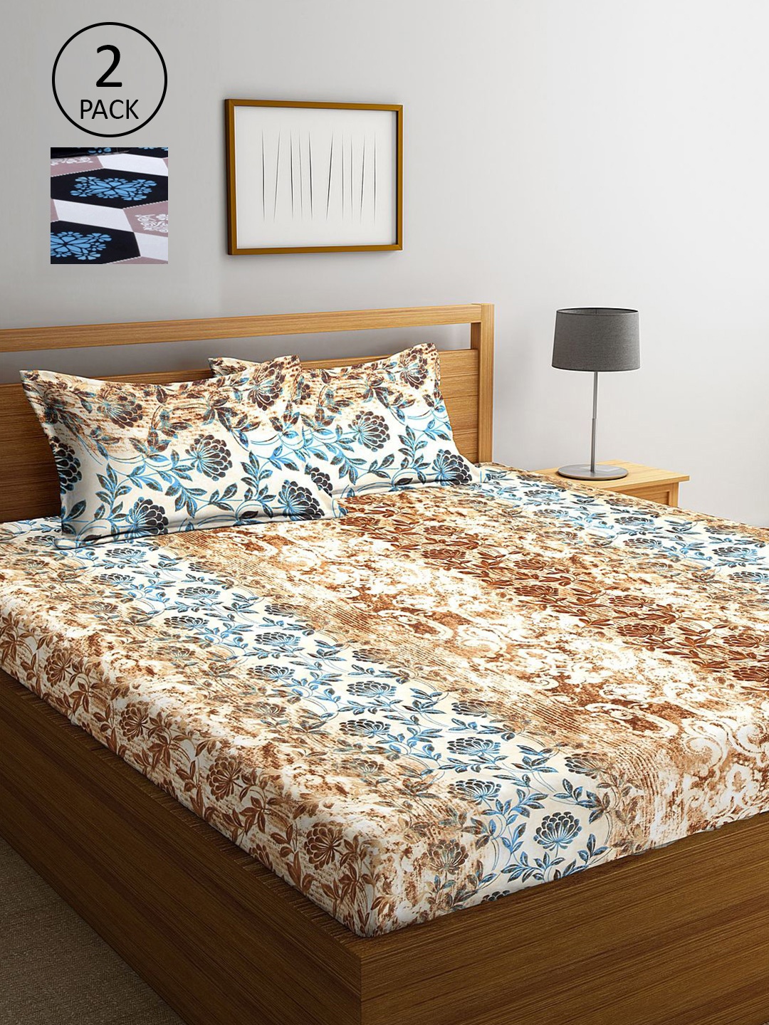 

KLOTTHE Beige & Blue Floral 210 TC 2 King Bedsheet with 4 Pillow Covers