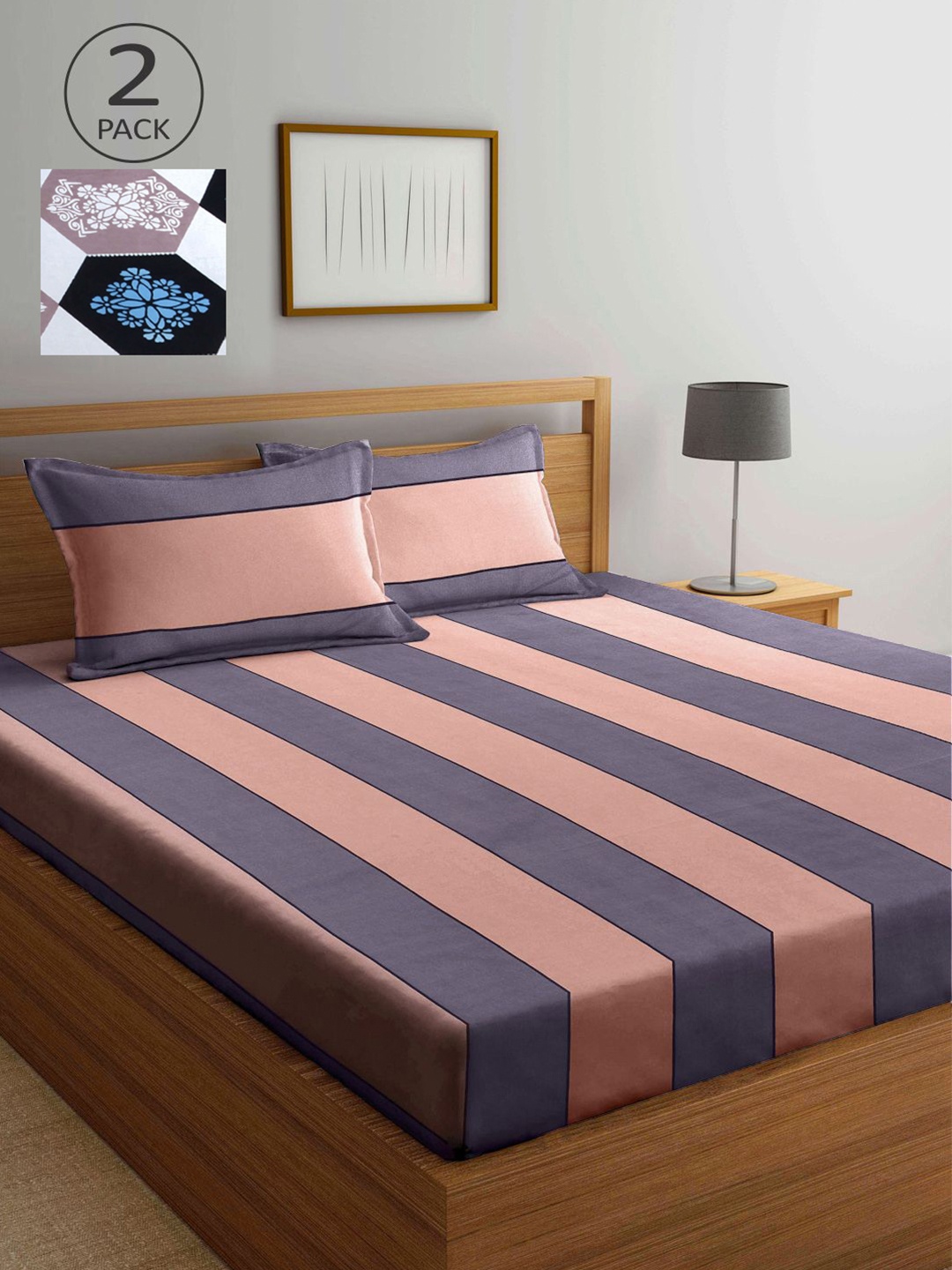 

KLOTTHE Blue & Pink Striped 210 TC 2 King Bedsheet with 4 Pillow Covers