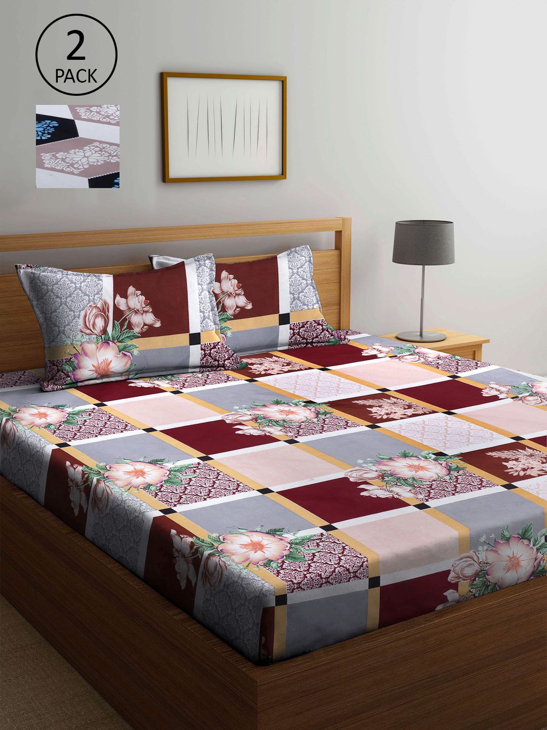 

KLOTTHE Grey & Maroon Geometric 210 TC 2 King Bedsheet with 4 Pillow Covers
