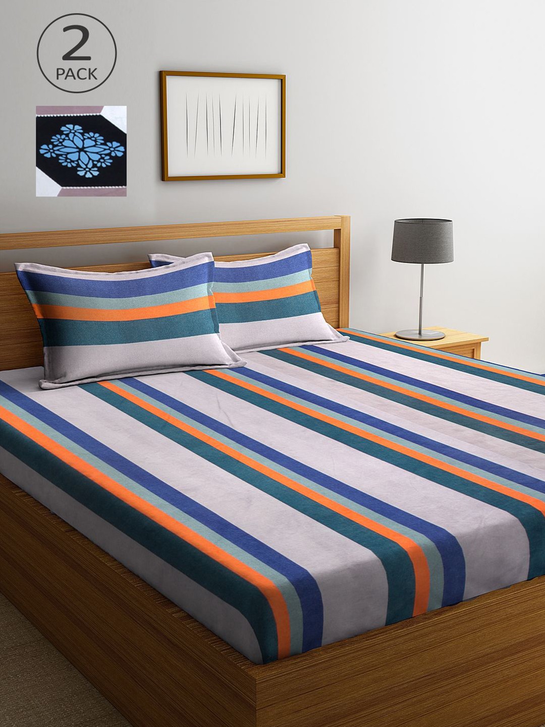 

KLOTTHE Off White & Blue Striped 210 TC 2 King Bedsheet with 4 Pillow Covers