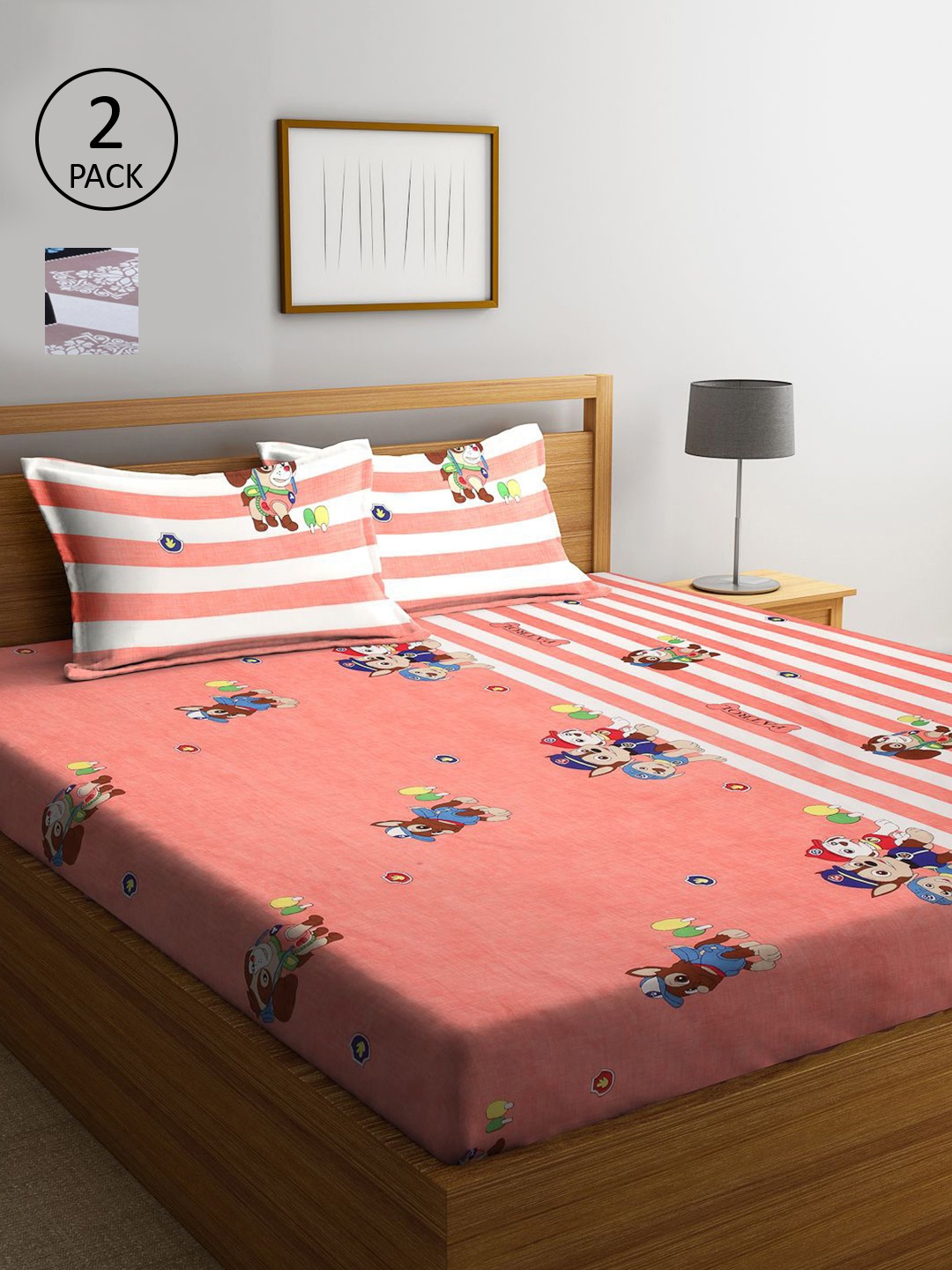 

KLOTTHE Pink & White Cartoon Characters 210 TC 2 King Bedsheet with 4 Pillow Covers