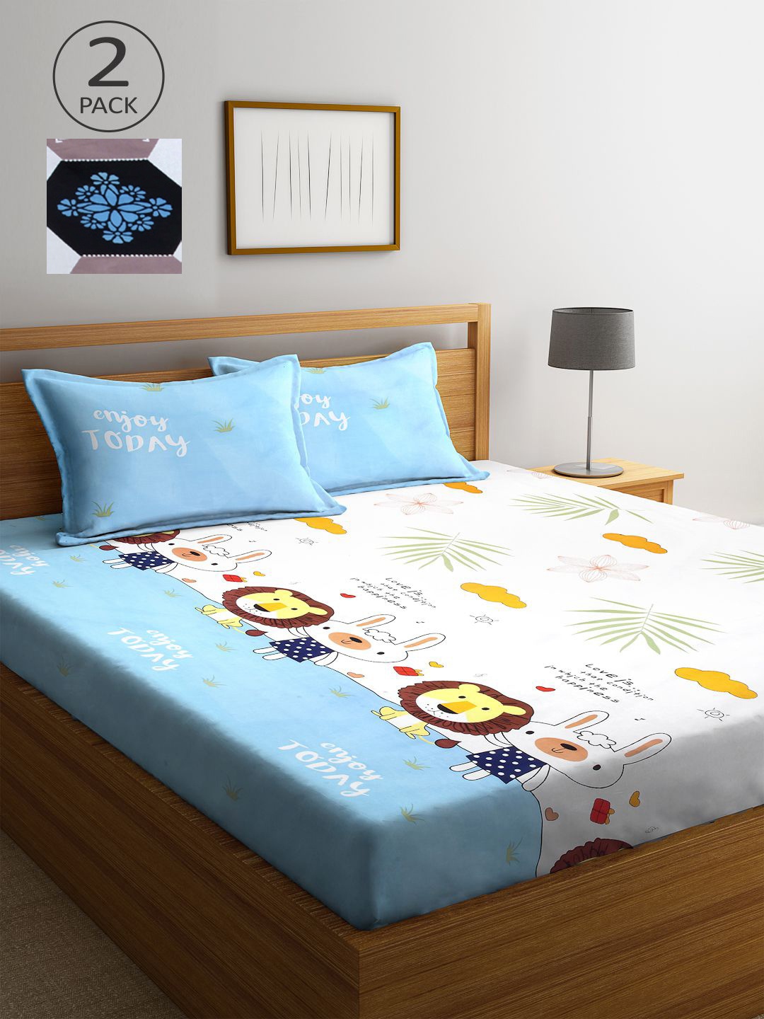 

KLOTTHE White & Blue Cartoon Characters 210 TC 2 King Bedsheet with 4 Pillow Covers