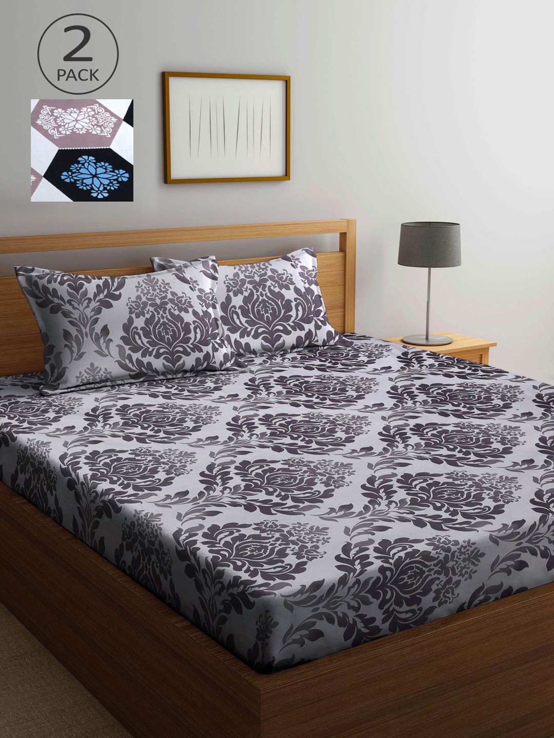 

KLOTTHE Grey & White Floral 210 TC 2 King Bedsheet with 4 Pillow Covers