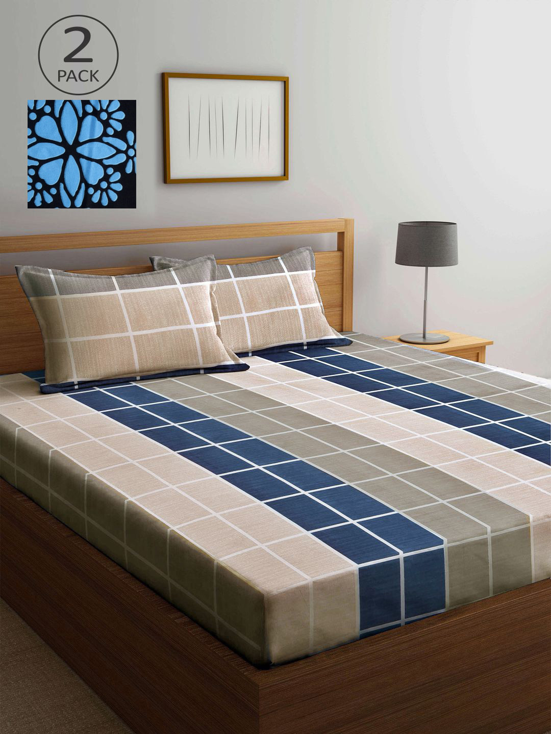 

KLOTTHE Blue & Beige Geometric 210 TC 2 King Bedsheet with 4 Pillow Covers