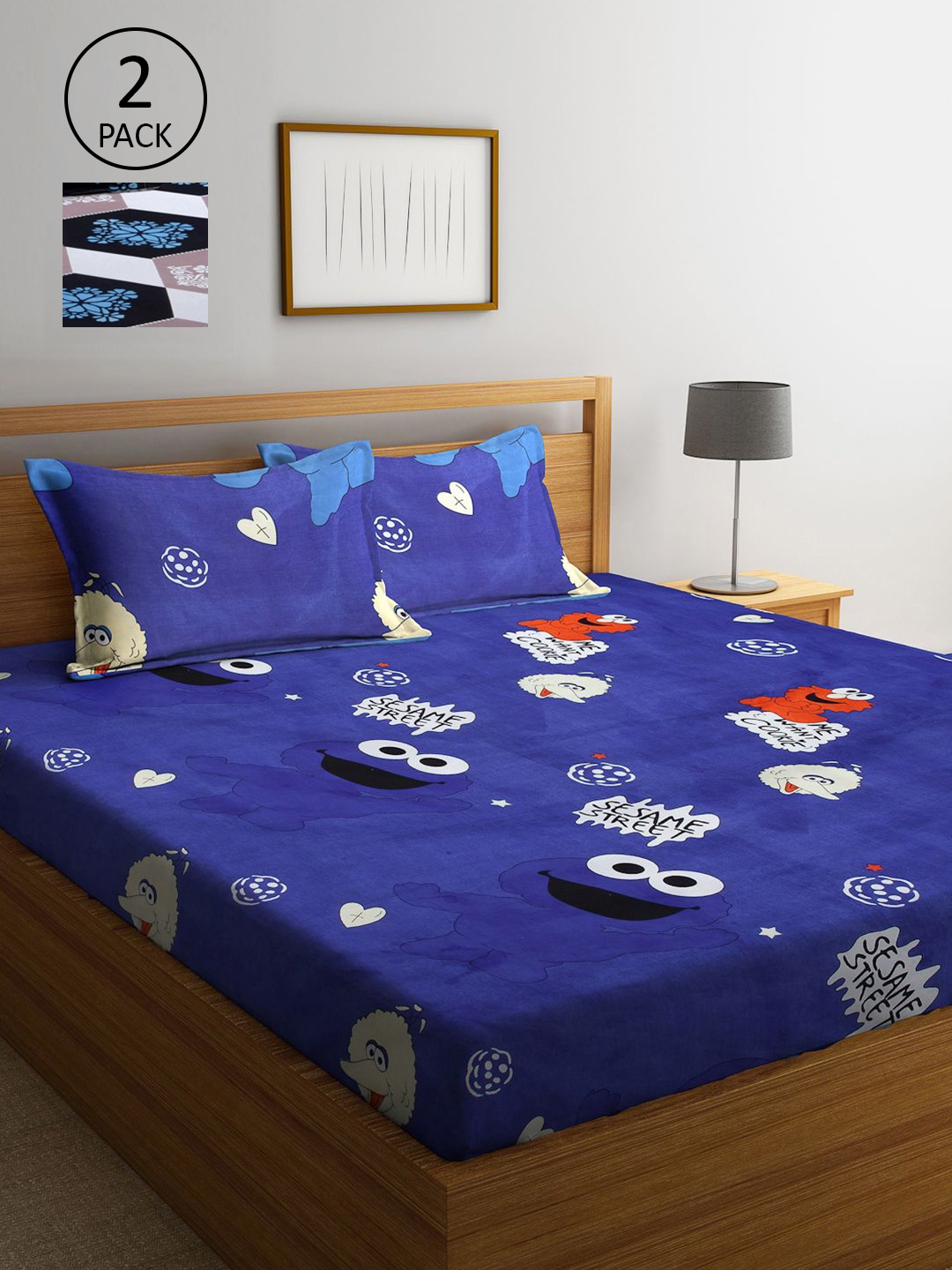 

KLOTTHE Blue & White Cartoon Characters 210 TC 2 King Bedsheet with 4 Pillow Covers