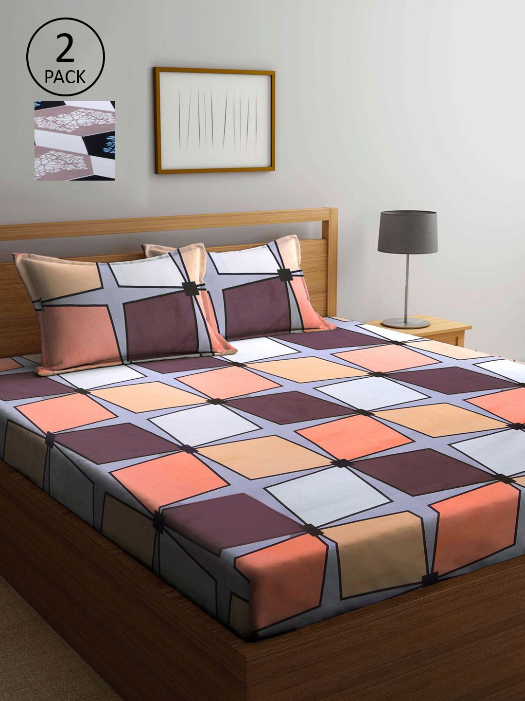 

KLOTTHE Orange & Purple Geometric 210 TC 2 King Bedsheet with 4 Pillow Covers
