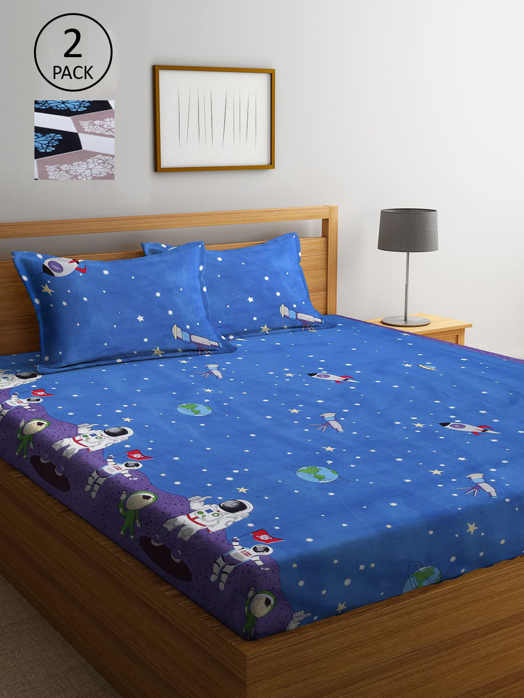 

KLOTTHE Blue & White Cartoon Characters 210 TC 2 King Bedsheet with 4 Pillow Covers