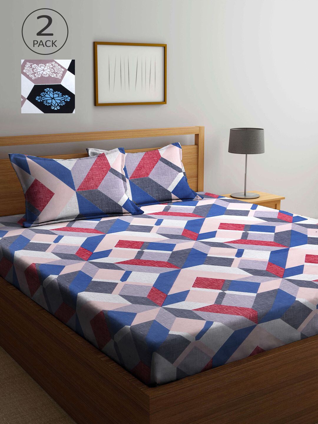 

KLOTTHE Blue & White Geometric 210 TC 2 King Bedsheet with 4 Pillow Covers