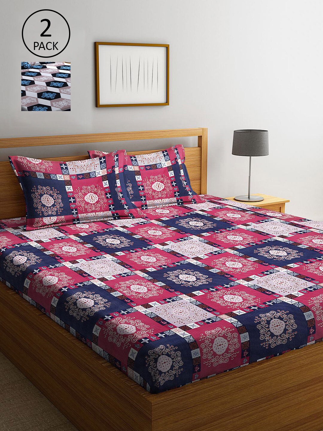 

KLOTTHE Pink & Blue Geometric 210 TC 2 King Bedsheet with 4 Pillow Covers