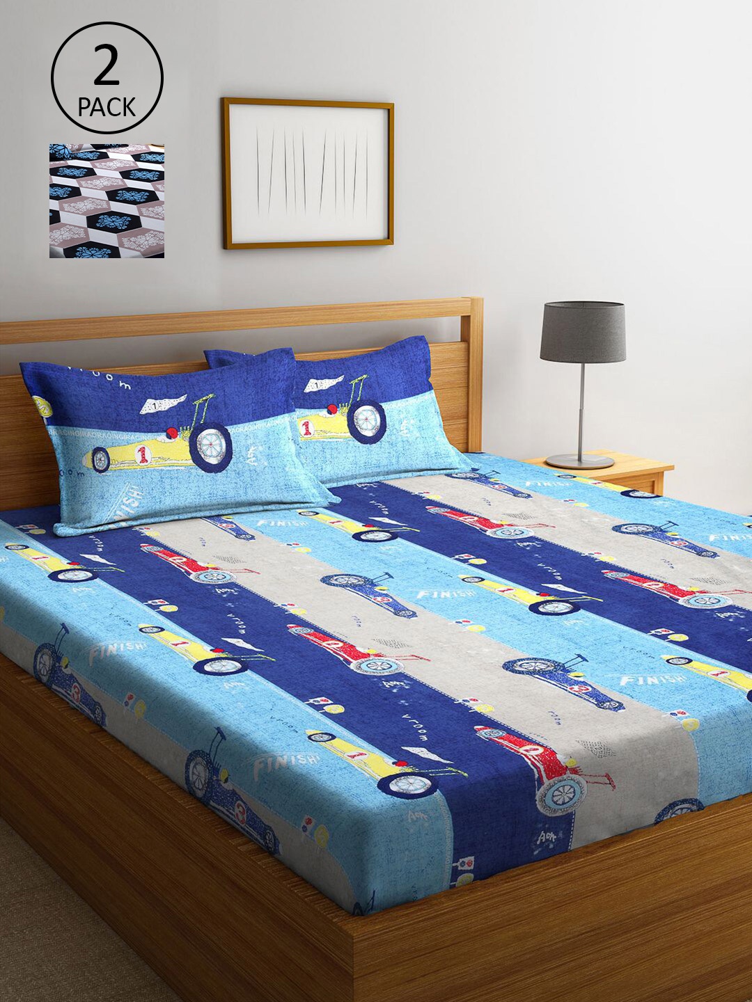 

KLOTTHE Blue & White Cartoon Characters 210 TC 2 King Bedsheet with 4 Pillow Covers