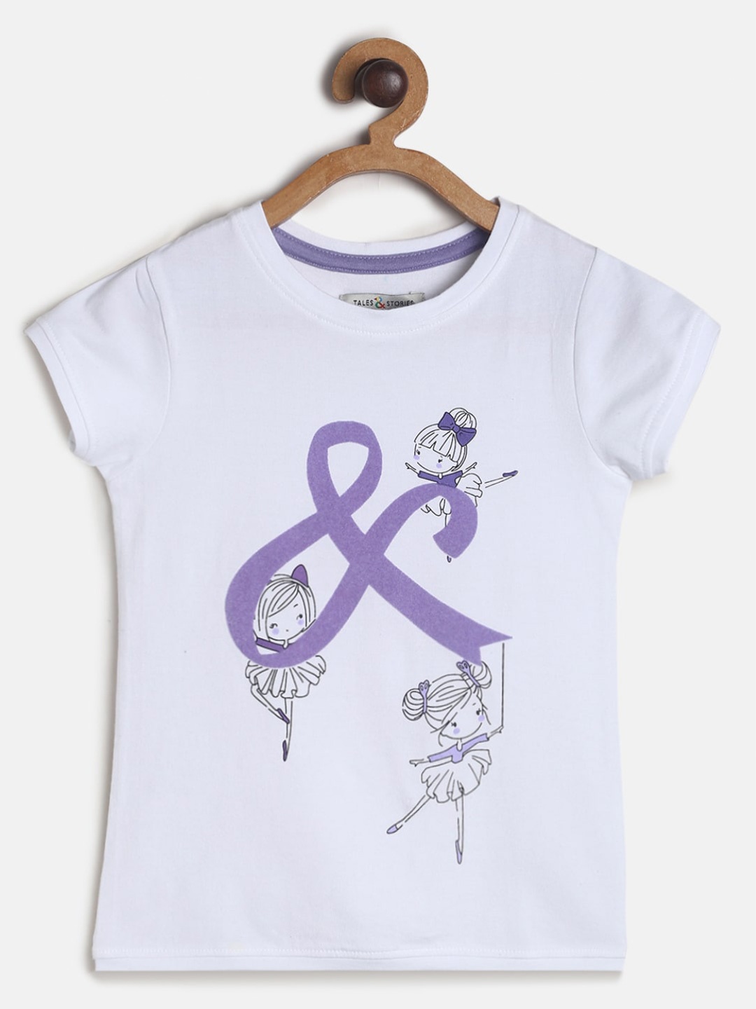 

TALES & STORIES Girls White & Purple Typography Printed Slim Fit T-shirt