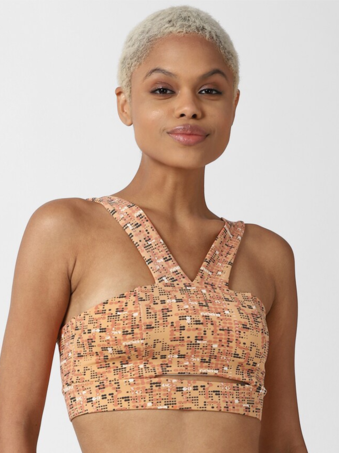 

FOREVER 21 Orange & Black Abstract Printed Lightly Padded Cutout Athletic Bra