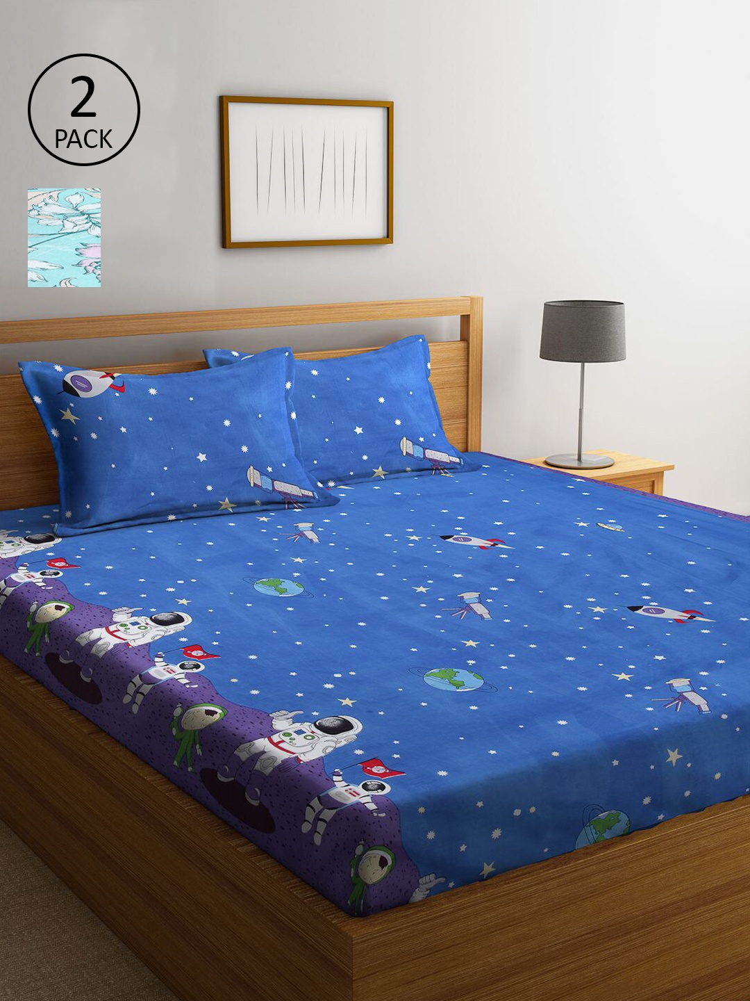 

KLOTTHE Blue Cartoon Characters 210 TC 2 King Bedsheet with 4 Pillow Covers