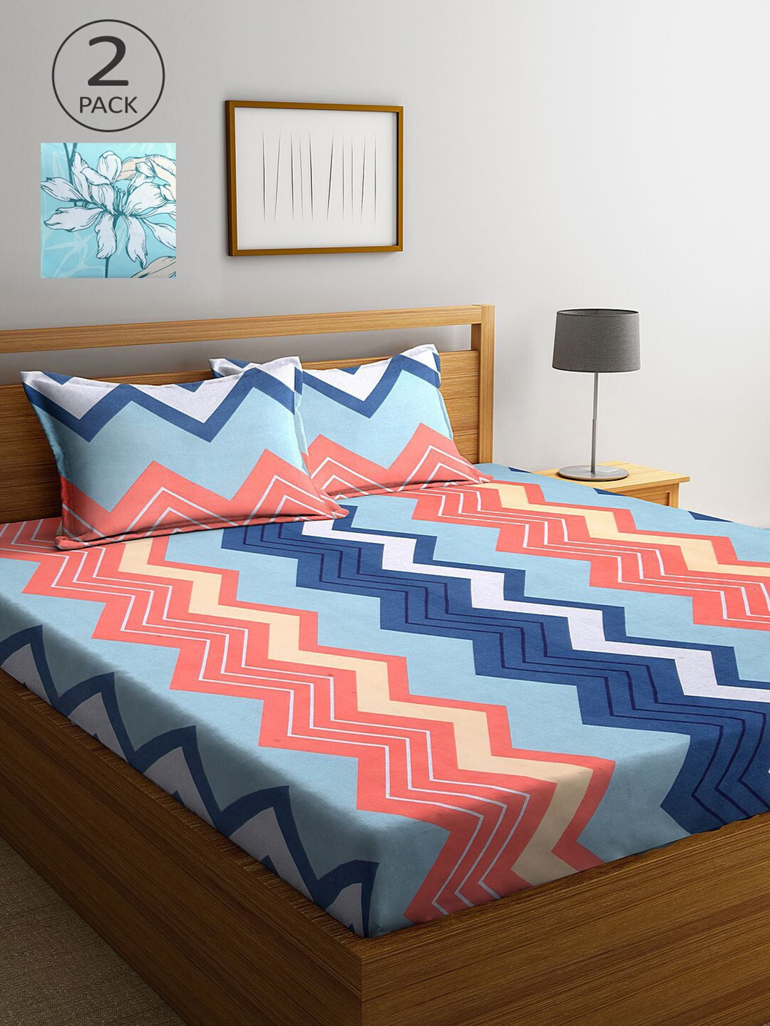 

KLOTTHE Blue & Pink Geometric 210 TC 2 King Bedsheet with 4 Pillow Covers