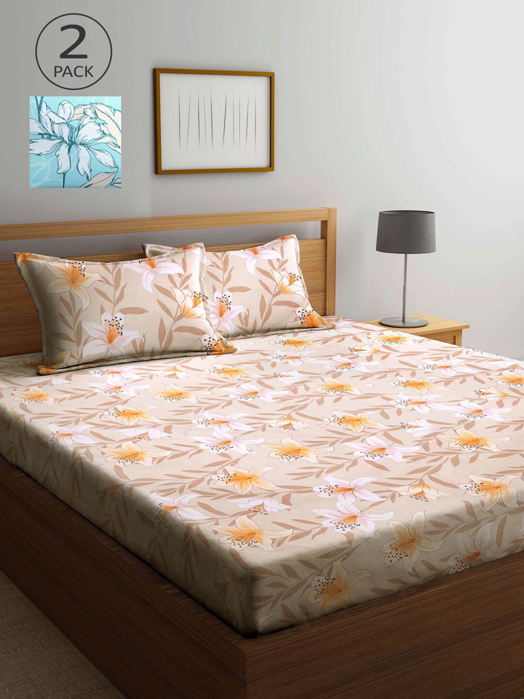 

KLOTTHE Beige & Turquoise Blue Floral 210 TC 2 King Bedsheet with 4 Pillow Covers