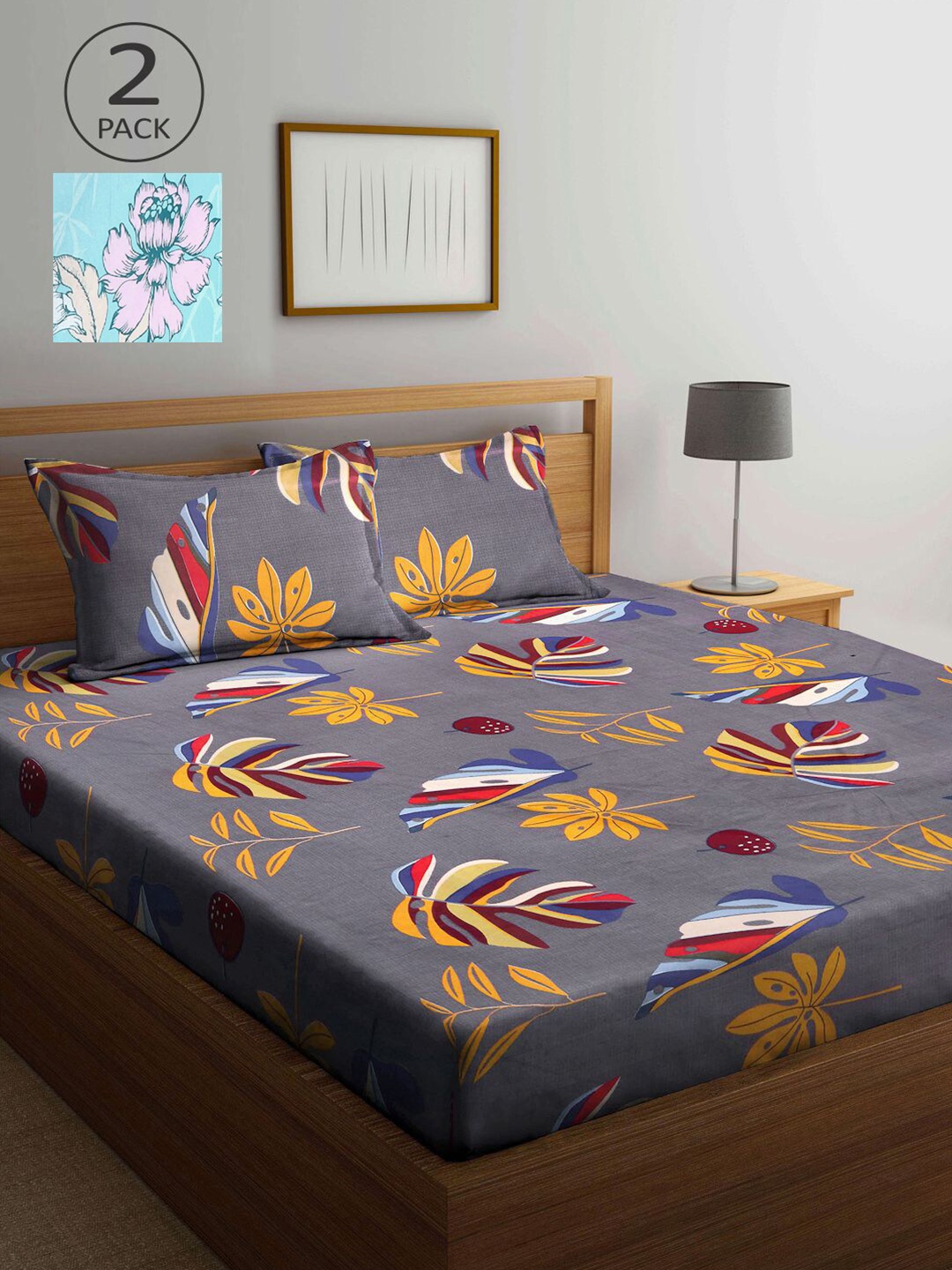 

KLOTTHE Grey & Turquoise Blue Floral 210 TC 2 King Bedsheet with 4 Pillow Covers