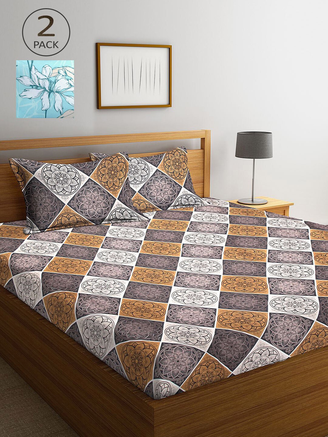 

KLOTTHE Beige & Brown Floral 210 TC 2 King Bedsheet with 4 Pillow Covers