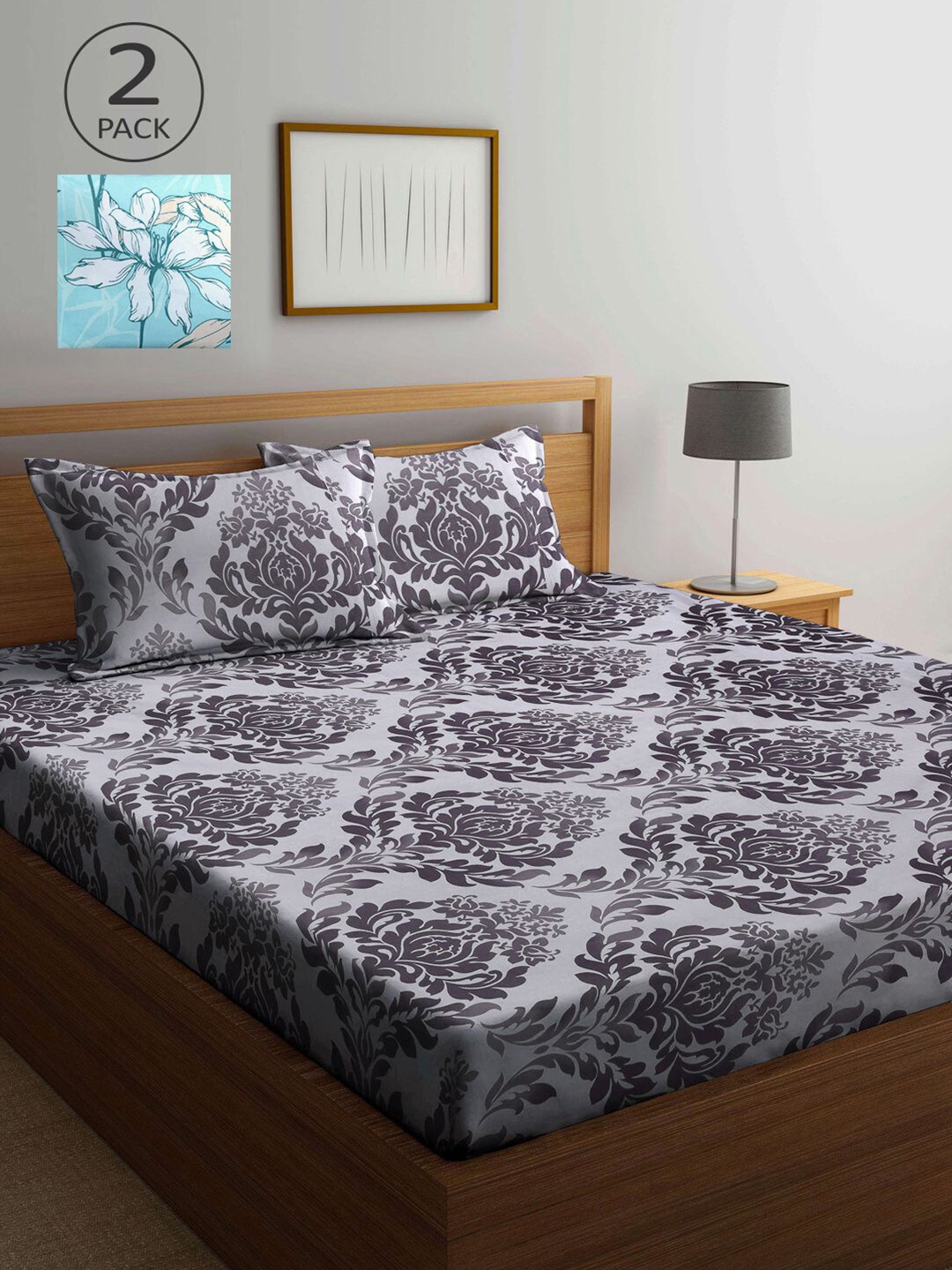 

KLOTTHE Grey & Black Floral 210 TC 2 King Bedsheet with 4 Pillow Covers