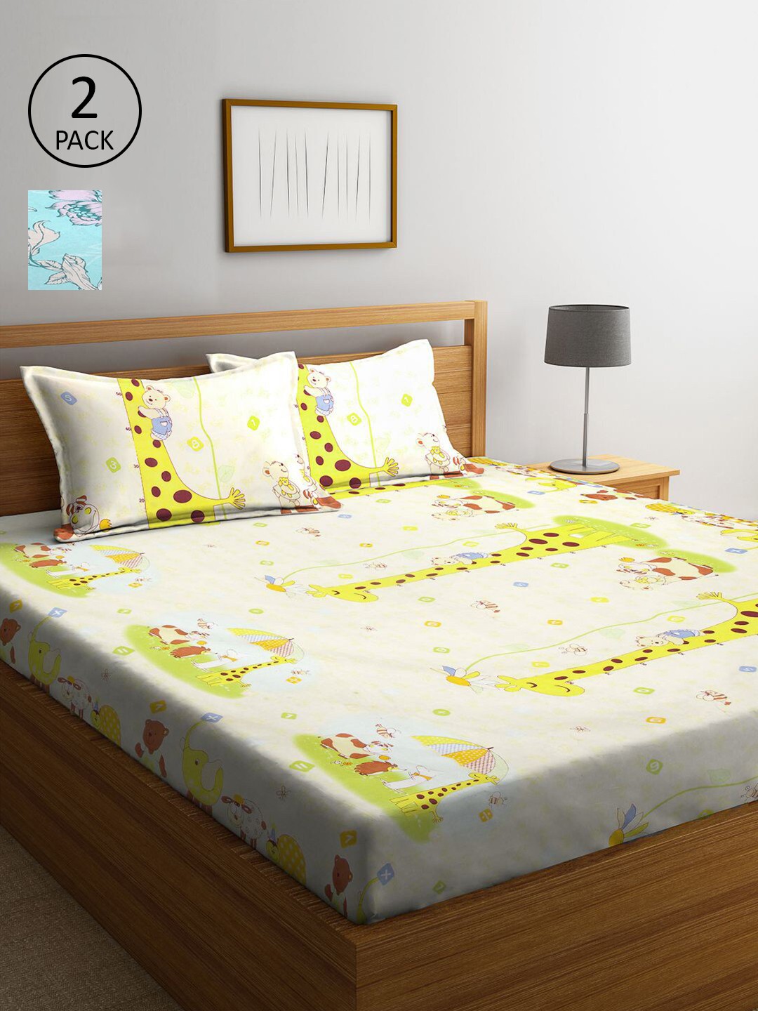 

KLOTTHE Beige & Yellow Cartoon Characters 210 TC 2 King Bedsheet with 4 Pillow Covers